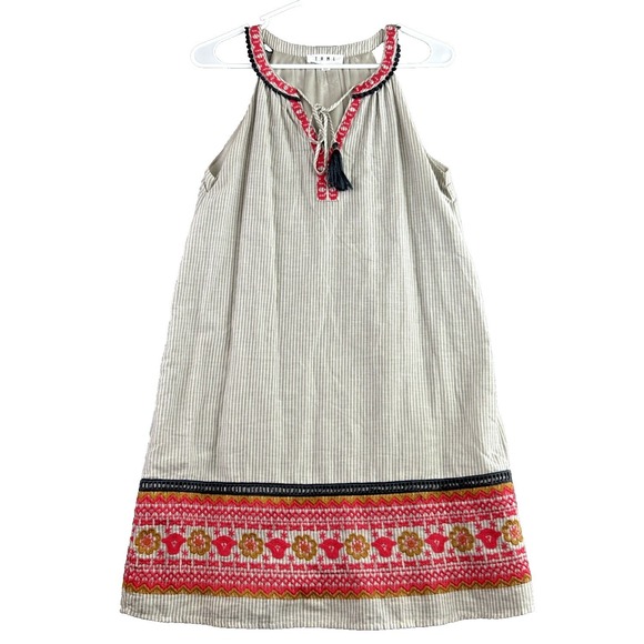 THML Dresses & Skirts - THML XS Sleeveless Embroidery Tassels Sun Dress Trim Grey Stripe Boho Festival